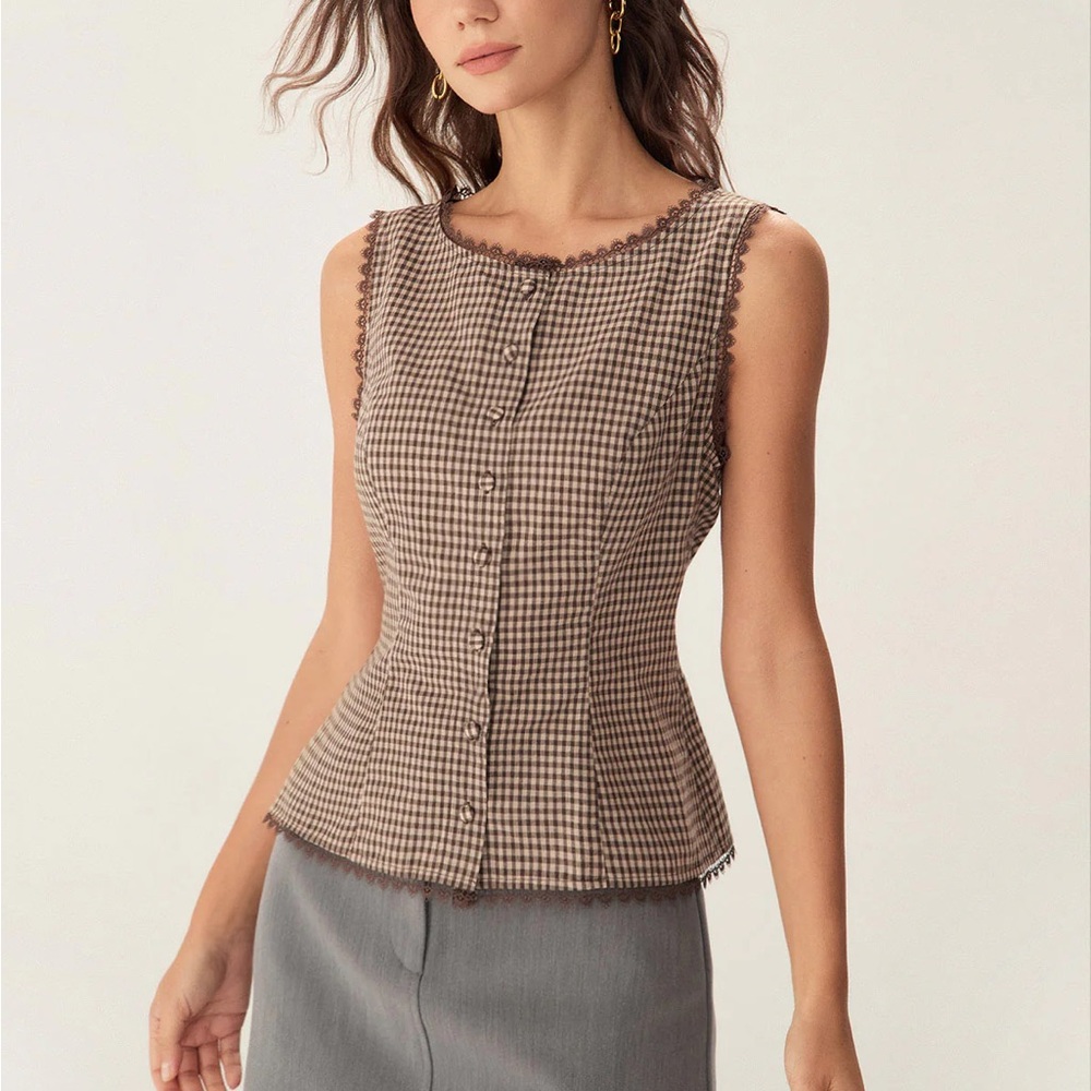 Rihoas Brown Plaid Single Breasted Vest